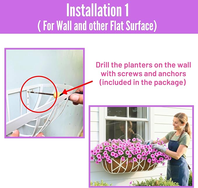 LaLaGreen 30 Inch, 2 Pack White Metal Window Planters-Wall Mount Flower Pots for Outdoor with Coco Coir Liner, Attach to House Flower Boxes Hanging Walls Plant Holders for Fence Balcony Porch, Patio
