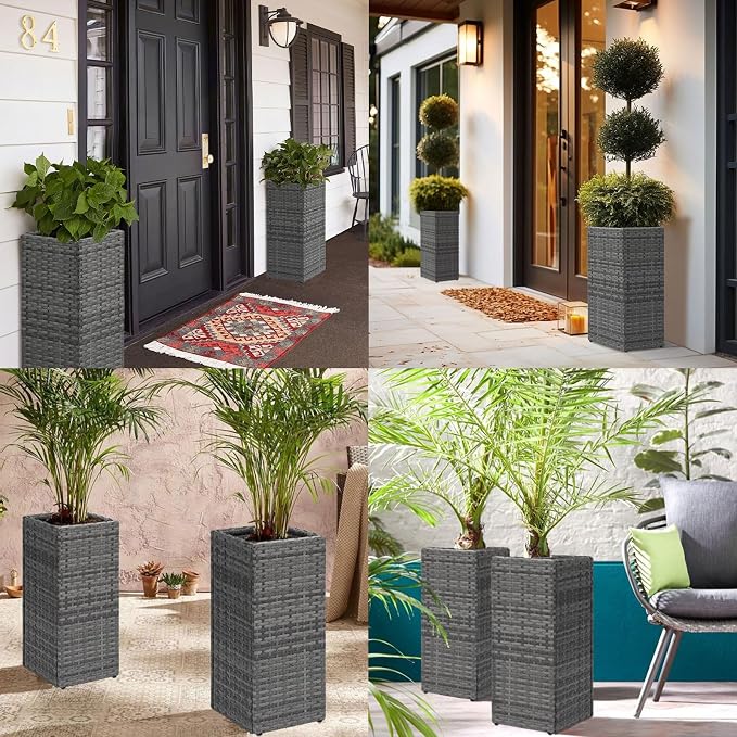 LEWIS&WAYNE Set of 2 Tall Planters for Outdoor Plants Handmade 24'' Wicker Tall Square Planter Box with Removable Liners Modern Planter for Indoor Outdoor Garden Patio Front Porch - Gray