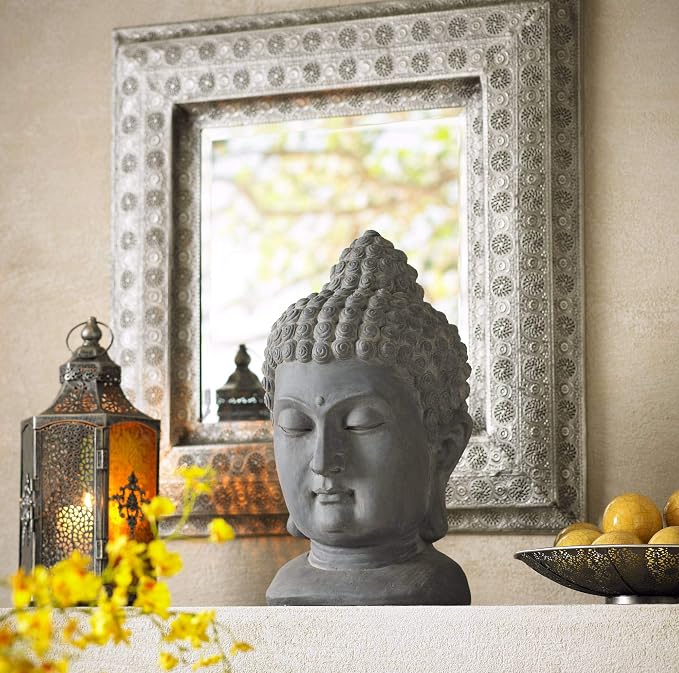 John Timberland Meditating Buddha Head Statue Sculpture Zen Asian Japanese Garden Decor Outdoor Front Porch Patio Yard Outside Home Balcony Gray Weathered Faux Stone Finish Resin 18 1/2" Tall