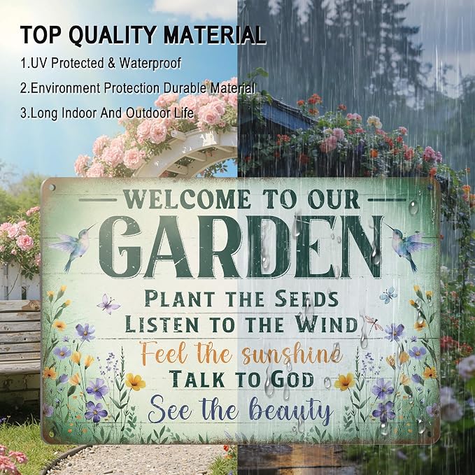 Vintage Garden Decor Gardening Art Signs Plant Lovers' Gifts | Motivational Greenhouse Yard Fence She Shed Wall Decor Women Gardeners Welcome To Our Garden Tin Sign 12x8 Inch Weather-proof