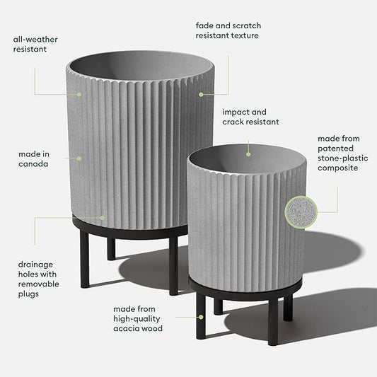 Veradek Demi Series Round Planter w/Stand for Porch/Patio | Durable Plastic-Stone Composite & Wooden Stand | Modern Décor for Tall Plants, Flowers