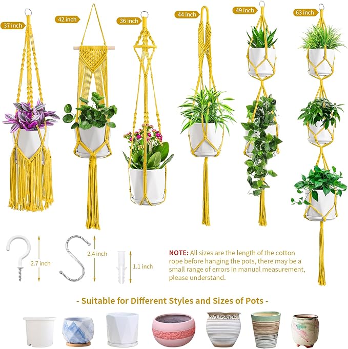 SFENNGPET Macrame Plant Hangers, 6Pack Hanging Planters for Indoor Plants w/ 6 Set Hangers Kit Handmade Macromay Plant Hangers Indoor Flower Pots Holder Stand for Boho Home Décor (POTS NOT Included)