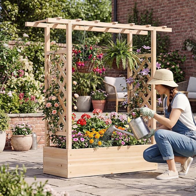 Giantex Wooden Raised Garden Bed with Trellis & Hanging Roof, Fir Wood Planter Box, 45" Freestanding Elevated Garden Bed for Outdoor Climbing Plants Vegetables Flowers, Patio & Balcony, Natural