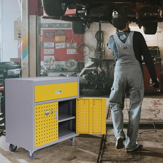 Metal Storage Cabinet with Wheels 30" x 18" x 34" Mobile Metal Garage Cabinet with 1 Drawer & 2 Doors Small Rolling Tool Storage Cabinet with 1 Adjustable Shelf & 4 Hanging Hooks, Yellow & Gray