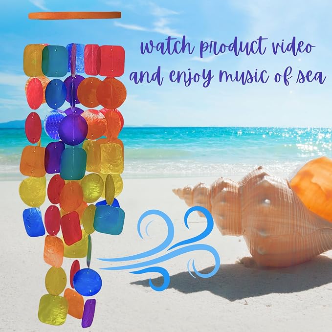 Bellaa Handmade Wind Chimes Outdoor, Musical, Garden Decorations, Beach, Ocean, Breeze, Gifts for Mom, Outside Windchimes, 63pcs, Capiz, Shells, Sea, Glass, Wood 1 Rainbow