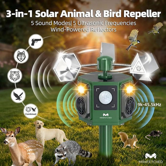Ultrasonic Animal Repeller Outdoor Solar Powered - Motion Sensor Squirrel Cat Deer Bird Repellent Devices, Dual Horn 5 Animal Sounds, Spinner Reflector for Garden Farm Orchard Protection