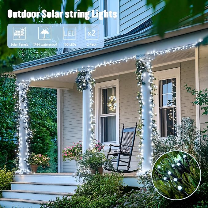 JMEXSUSS 2 Pack Solar String Lights Outdoor, Total 66 FT 200 LED, White | Waterproof, 8 Modes Solar Christmas Lights for Outside Patio Christmas Tree Garden Yard Xmas Decorations