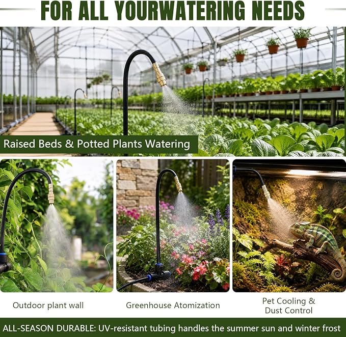 40 Pack Great Value 360° Adjustable Copper Drip Irrigation Nozzles, Flexible Misting Emitters for 1/4" Drip Tubing with 40PCS Quick Connect Fittings for Garden Greenhouse