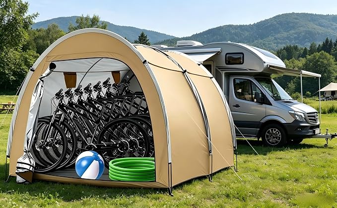 Hwayslon Bike Storage Shed Tent, 420D Oxford Fabric, Waterproof, Khaki Color, Used for Yard Furniture, Lawn Mower, Bicycle, Motorcycle Storage, 6.6x6.6x5.8 Feet
