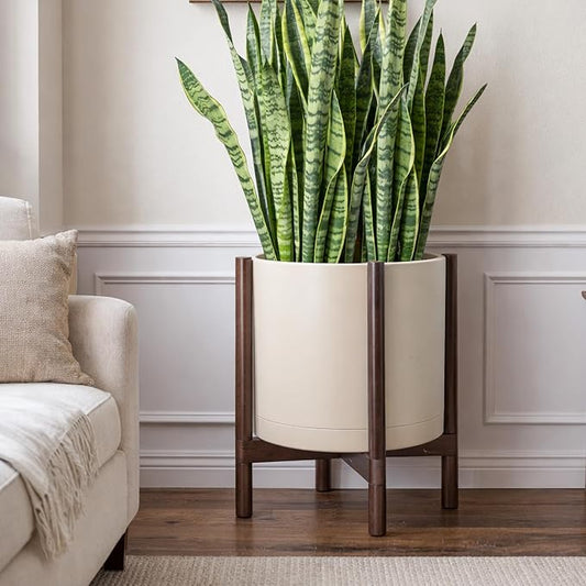 D'vine Dev Plastic Pot with Walnut Wood Stand, Oatmeal, 16 in, 55-C-X-4 | Mid-Century Inspired Design, Elevated Plant Display, Clean Lines, Sturdy Support, Modern Space-Saving Style