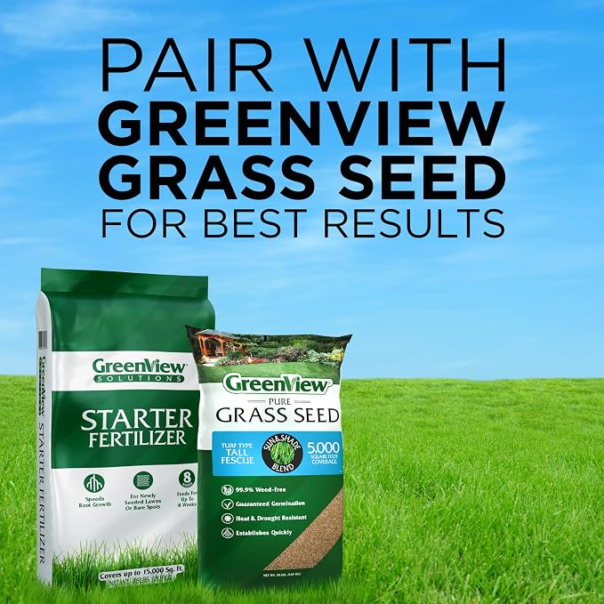 GreenView Solutions Starter Feritlizer 48 lb. Bag, Covers 15,000 sq. ft | 10-18-10 NPK formula - Ideal for newly seeded lawns and bare spots - Feeds the lawn for up to 8 weeks