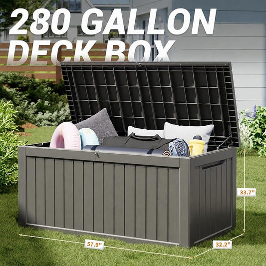 Outdoor Storage Box, 280 Gallon Resin Deck Boxes Outdoor Waterproof For Patio Furniture, Garden Tools, Pool Supplies, Lockable And UV Resistant (Striped Gray)
