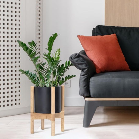 D'vine Dev Plastic Pot with Natural Wood Stand, Black, 8 in, 55-C-J-2 | Mid-Century Inspired Design, Elevated Plant Display, Clean Lines, Sturdy Support, Modern Space-Saving Style