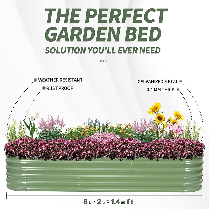 1MORE Galvanized Raised Garden Bed- Planter Garden Boxes Outdoor, Raised Beds for Gardening,Metal Garden Bed Kit for Vegetables Flower, Planter Raised Beds.8x2x1.4ft Green-2pcs