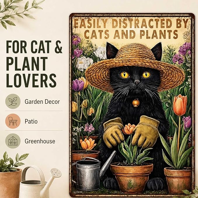 PEACHGARDEN Funny Garden Signs with Cats for Outside Sign Easily Distracted by Cats and Plants Vintage Metal Wall Art for Home Farmhouse Kitchen Outdoor Gift 8x12inch