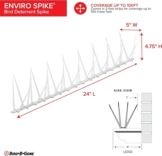 Bird B Gone - EnviroSpike Plastic Bird Spikes (100' Kit) - Humane Deterrent - Stops Pigeons & Birds from Roosting - UV-Stabilized Polycarbonate - for Rooftops, Ledges, Fences, Etc - Made in USA