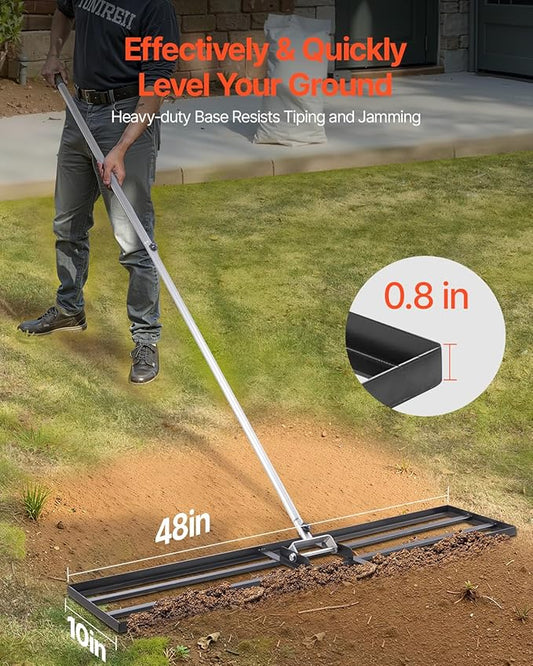 VEVOR Lawn Leveling Rake, Lawn Leveler with 83.9 in Handle, 48x10 in Ground Plate, Rust-Resistant Carbon Steel Soil Leveler, 2 Heights Adjustable, Effort Saving Lawn Leveling Tool for Yard Golf Court