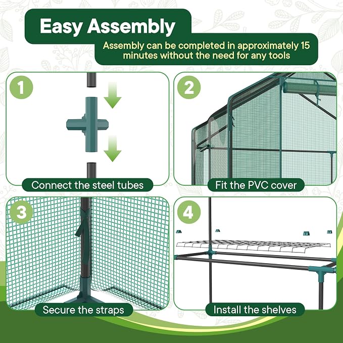 Sweetcrispy Outdoor Greenhouse, Walk-in Greenhouse with Durable PVC Cover, 2 Tier 8 Plant Shelves, 56"x56"x77" Portable Greenhouses for Outdoor Garden, Patio, Porch, Backyard Green Houses, Green