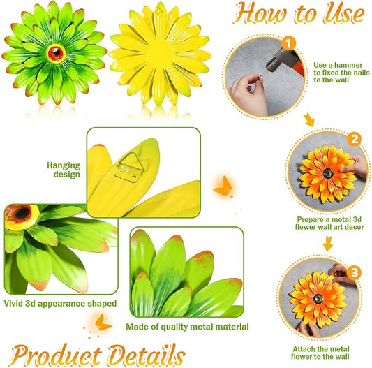 Gisafai 10 Pack Metal Flower Wall Decor Outdoor, 3D Daisy and Butterfly Metal Garden Wall Art, Colorful Fence Decorations for Patio Backyard Balcony Porch, Summer Housewarming Gift(Vintage)