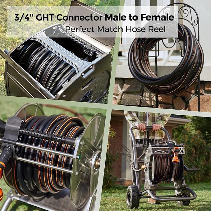 Giraffe Tools Garden Hose 5/8" Custom Length, No Kink, Flexible, Leakproof Water Hose, 600 Burst PSI, 100ft Male Female Fittings,Black Orange