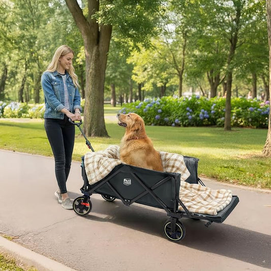 Timber Ridge 49" Extra Long Collapsible Folding Wagon with Tailgate and Brakes, 300lbs Heavy Duty Foldable Wagon with Adjustable Handle, 250L Capacity Portable Cart for Outdoor Camping Sports, Grey