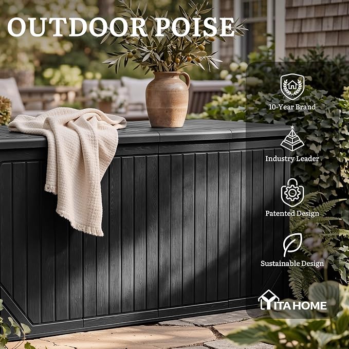 YITAHOME XXL 300 Gallon Extra Large OutdoorDeck Box | Lockable Resin Storage Box and Waterproof Patio Furniture Bin for Garden Tools & Pool Accessories, Black