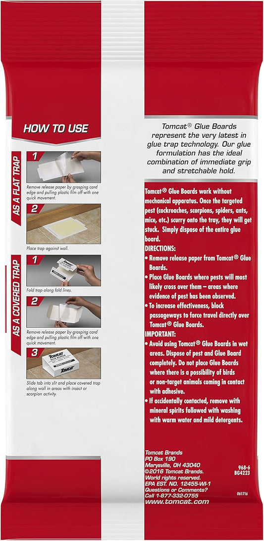 Tomcat Glue Boards with Eugenol for Enhanced Stickiness, 8 Boards | Sticky Traps for Mice, Cockroaches & Insects, Flat or Covered Use, Ready-To-Use, 2 Packages Each with 4 Glue Boards