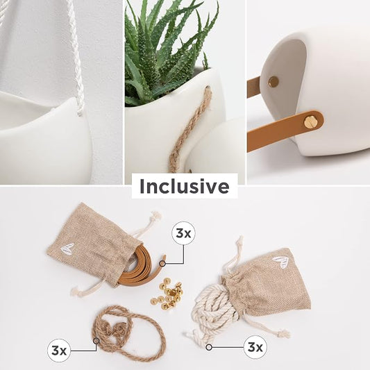 Kazai. Wall Planters -Ellie- | Hanging Ceramic Plant Pots 3 Pieces | Wall Decoration for Indoors, Balcony and Garden | Cream (Matte)
