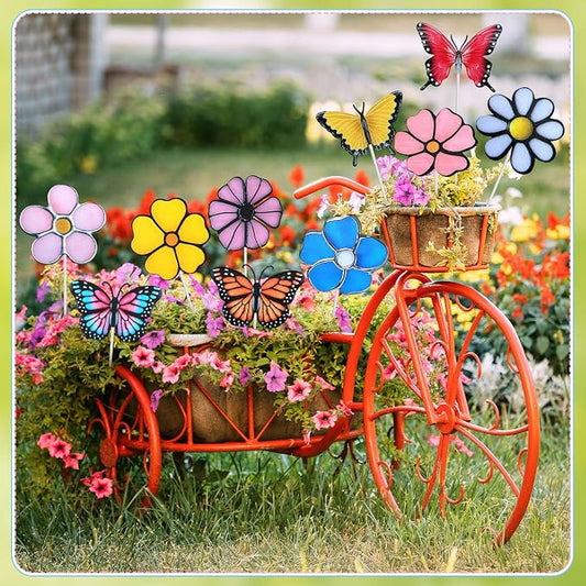 10 Pcs Metal Flower Garden Stake for Outside Outdoor 11.8" 5D Summer Flowers Butterfly Metal Sign Waterproof Decoration Landscape Ornament for Lawn Yard Garden Patio Porch Art