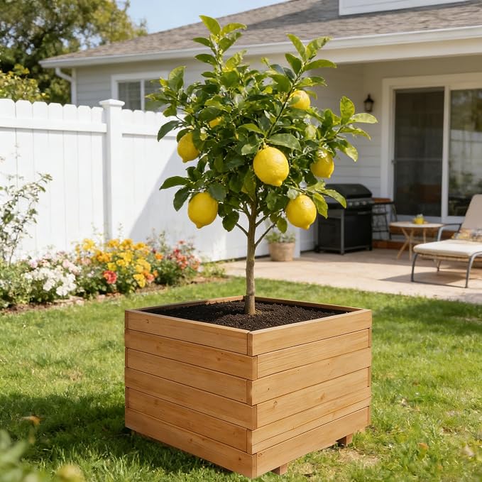 23.62" Square Wooden Planter Box, Planters for Outdoor Plants | Fir Wood Outdoor Garden Bed with 2 Drainage Holes Reinforced Bottom Support