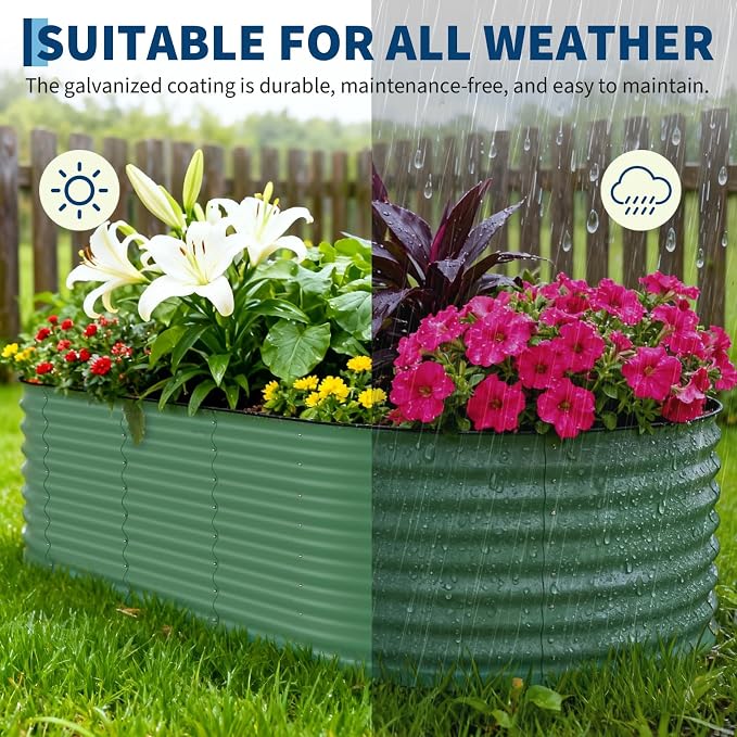 Garvee 2 Pack 8x4x1.5ft Galvanized Raised Garden Bed Kit, Oval Metal Planter Boxes with Anti-Cut Safety Edges, Rust-Resistant Deep Root Planters for Outdoor Vegetables, Flowers, Herbs, Green
