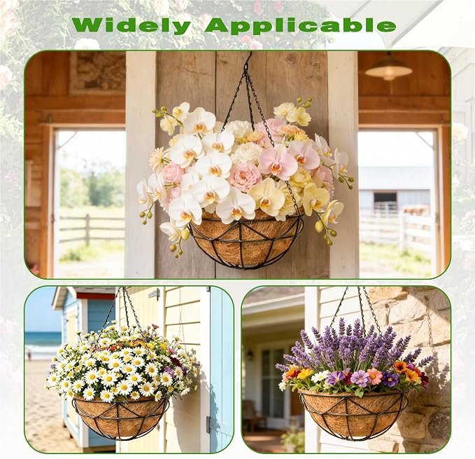 4 Pack 12 Inch Black Metal Hanging Basket Hanging Planter with Coco Coir Liner Heavy Duty Hanging Flower Pot Holder for Indoor Outdoor Patio Garden Porch Balcony Decor (Geometric)