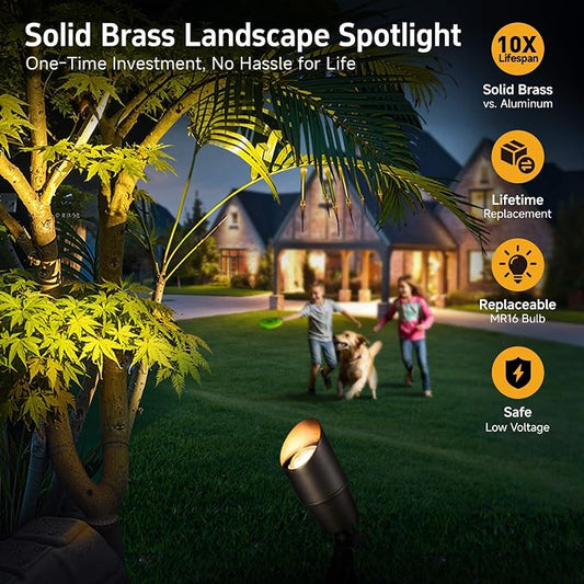 Gardenreet Brass Landscape Lighting - Outdoor Low Voltage Spotlights LED, 12V Wired Uplights, Waterproof Spot Lights, Antique Bronze for Outside Trees with 5W 2700K Warm White MR16 Bulb (4 Pack)