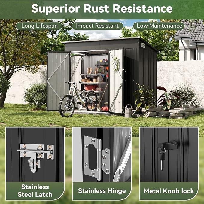 7.5'x4' Outdoor Shed with 3-Lockable Door Black | Heavy-Duty Galvanized Metal Garden Storage for Bikes, Tools, Garden, Patio