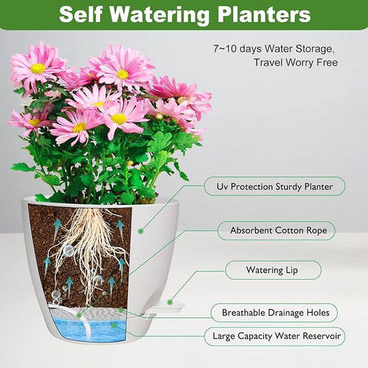 Vanslogreen Planters for Indoor Plants, 8/7/6.5/6/5.5/5 Inch Self Watering Planters with Drainage Hole, Plastic Planters Flower Pots for Indoor Outdoor Plants (Matte White)
