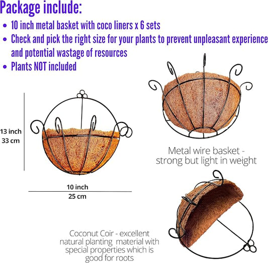 Shoplala Wall Planters Outdoor Plants (10 Inch, 6 Pack) Balcony Planters Railing Hanging Fence Planter Over Railing with Coco Liner, Wall Mounted Flower Basket Black Metal Wire Deck Porch Patio Garden