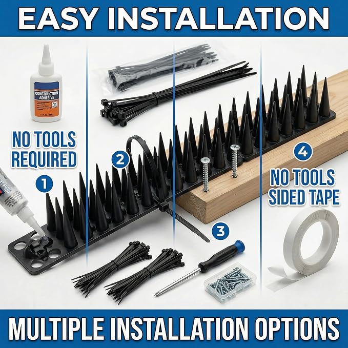 Bird & Animal Deterrent Spikes, 20 Packs Outdoor Plastic Spike Strips for Roof, Ledges, Fence, Walls & Railing, Humane Squirrel, Raccoon & Pigeon Barrier, 20 FT Coverage, Black