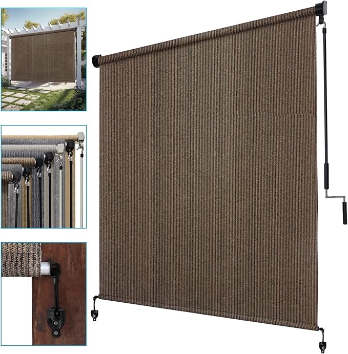 KANAGAWA Custom Size Mocha Outdoor Roller Shade Exterior Patio Cordless Roll Up Shade for Pergola, Deck Porch Gazebo, Backyard