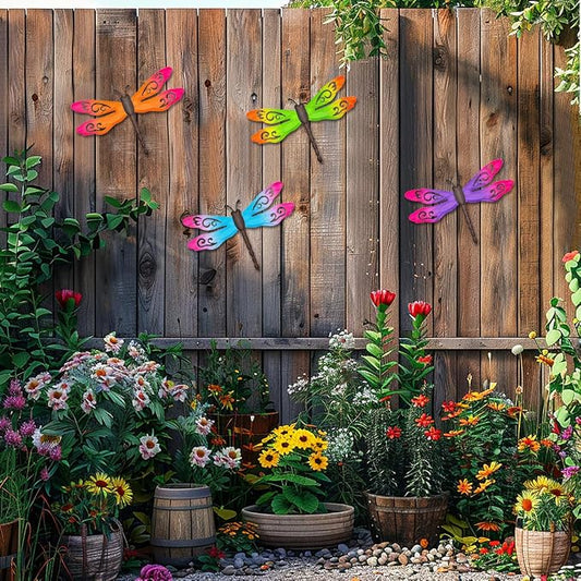 Outdoor Dragonfly Wall Decor, 4 Pcs 14.5‘’ Metal Dragonfly Wall Art Hanging Sculpture Decorations for Outside Yard Patio Fence Garden Exterior Decor