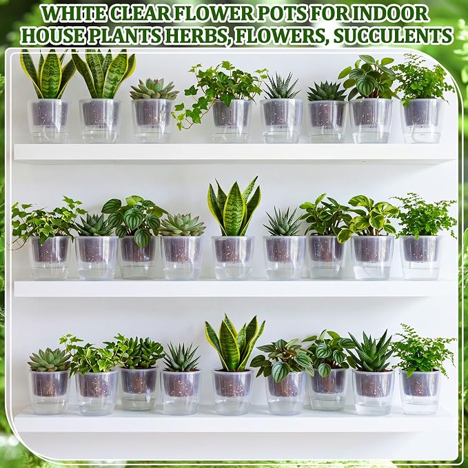 72 Pcs Self Watering Pots 3.5 Inch Plastic Flower Plant Pot with Inner Pot Self Watering Wick Planter White Clear Flower Pots for Indoor House Plants Herbs, Flowers, Succulents (Transparent)
