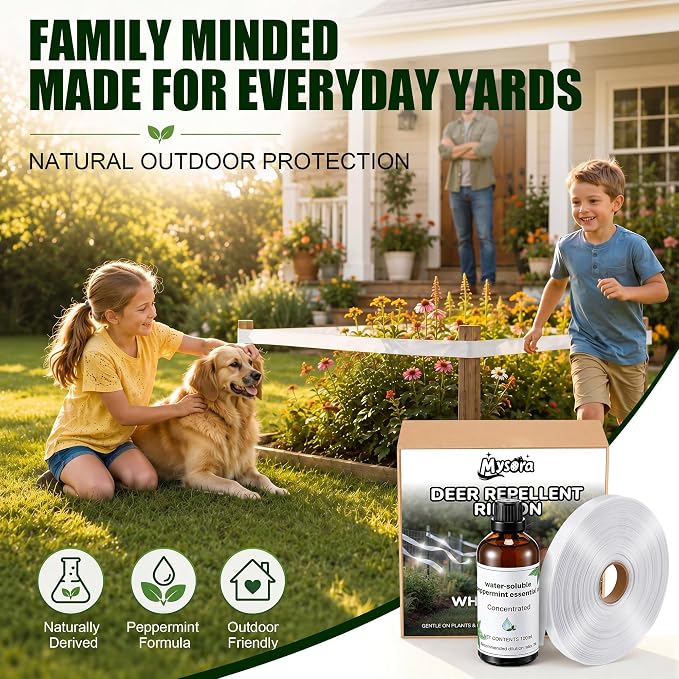 Deer Fence, Deer Tape and Deers Repellent for Plants, 300Ft Deers Ribbon with 100ml Natural Peppermint Spray Concentrate, Dual Action Visual & Scent Garden Barrier for Yard, Orchard, Vegetables