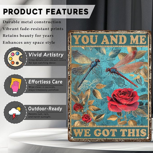 Metal Tin Sign Vintage Retro Wall Decor Roses Garden Dragonfly Tin Sign You and Me We Got This for Home Garden Greenhouse Living Room Bedroom Outdoor Decor 12 * 16inch