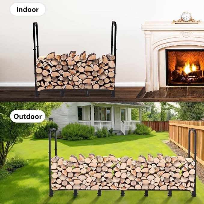 8FT Firewood Rack Outdoor with Cover, Heavy Duty Wood Holder with Log Carrier, Adjustable & Waterproof Log Holder Wood Storage Stand for Fireplace Patio Outdoor, Black