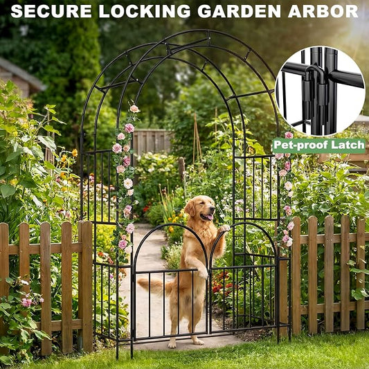 7ft Garden Arbor - Metal Garden Arch Trellis for Climbing Plants, Wide Sturdy Trellis Outdoor, Garden Arbor with Gate, Ideal for Weddings, Halloween, Christmas & Outdoor Decorations