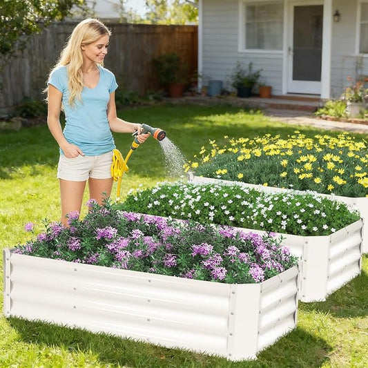 2 Pcs 4x2x1ft Galvanized Raised Garden Bed Outdoor, Metal Planter Boxes with Easy Assembly, Planter Raised Beds for Gardening, Flower, Plants, Vegetable, Herb - White