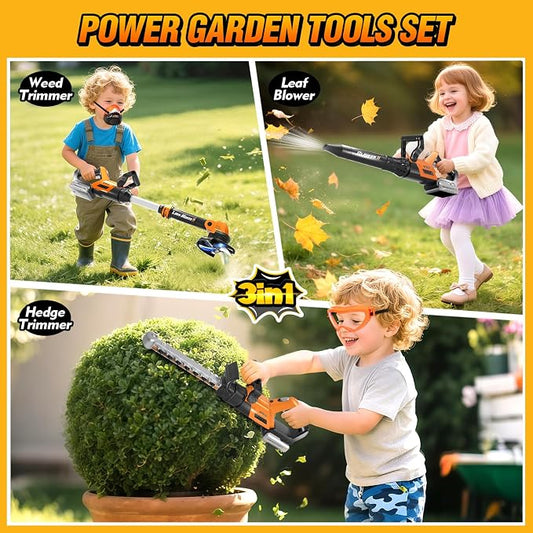Kids Tool Set, 3-IN-1 Toddler Power Garden Tools with Lights and Sounds, Toy Weed Wacker, Toy Leaf Blower, Hedge Trimmer, Yard Tools Outdoor toys for Boys, Birthday Gifts for Kids Ages 3 4 5 6 7 8+