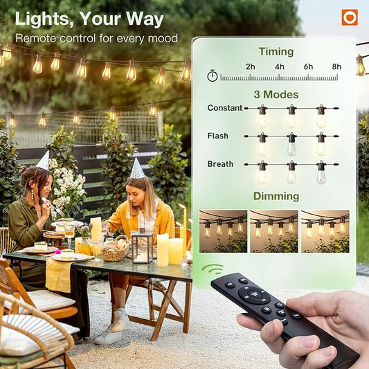 addlon 50FT LED Outdoor String Lights, Remote Dimmable Patio Lights with Timer & 3 Lighting Modes, 16 Shatterproof Edison Bulbs, Waterproof Connectable String Lights for Outside Backyard Party Décor