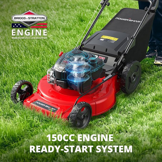 PowerSmart 22” Gas Lawn Mower, 150cc B&S Engine, Self-Propelled, 3-in-1 Mulching System, 6 Cutting Heights, Rear-Wheel Drive, Durable Steel Deck for Yard