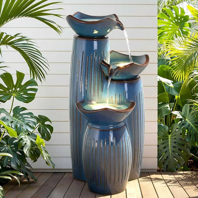 30" H Ceramic Outdoor Water Fountain with LED Lights, 3-Tier Cascading Lotus Bowls Water Feature, Tranquil Waterfall for Relaxing Garden, Patio, Yard, Turquoise, Vertical Striped Texture