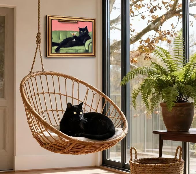 Devunaty Vintage Gold Framed Black Cat Martini Wall Art, Cocktail Bar Cart Wall Decor, Funny Cat On Green Sofa Canvas Print, Eclectic Whimsical Painting Picture For Bedroom Living Room Decor 12"x16"